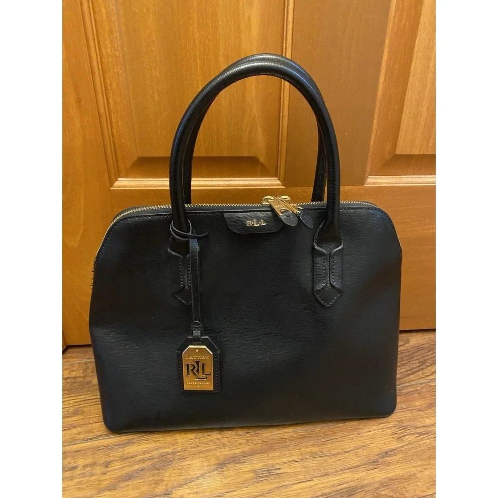 Lauren Ralph Lauren Purse Bag Satchel Black Leather Gold Monogram Zip Medium